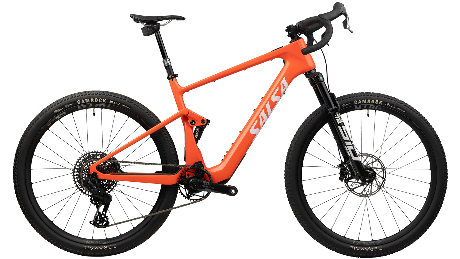 Orange Salsa Wanderosa ebike with black components on a white background