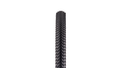 A single black bicycle tire shown vertically against a plain white background.