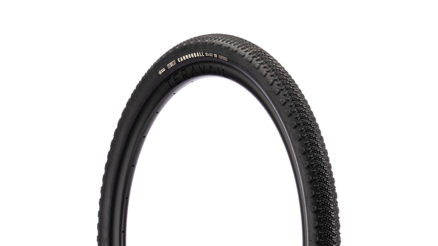 A Teravail Cannonball bicycle tire shown upright against a plain white background, with visible sidewall branding