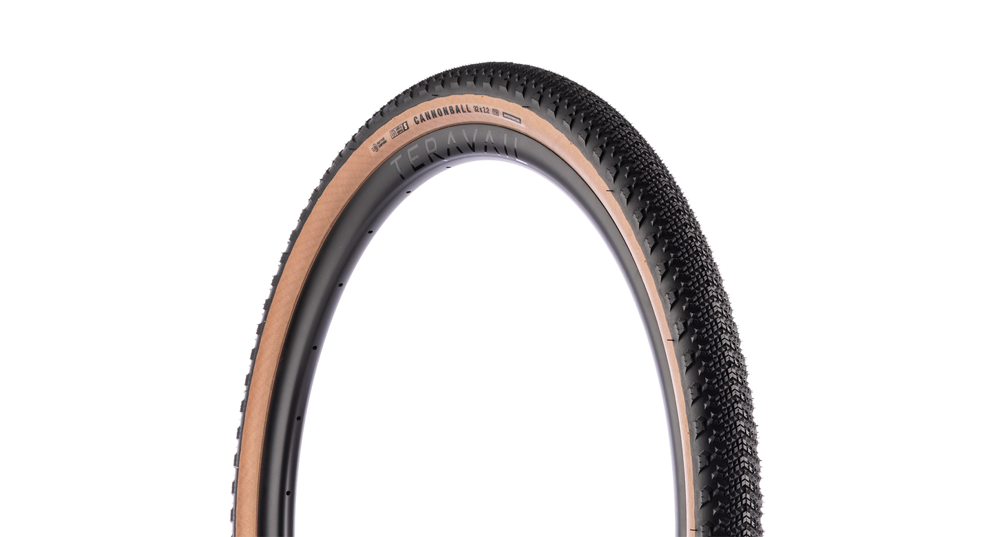 A Teravail Cannonball bicycle tire shown upright against a plain white background, with visible sidewall branding