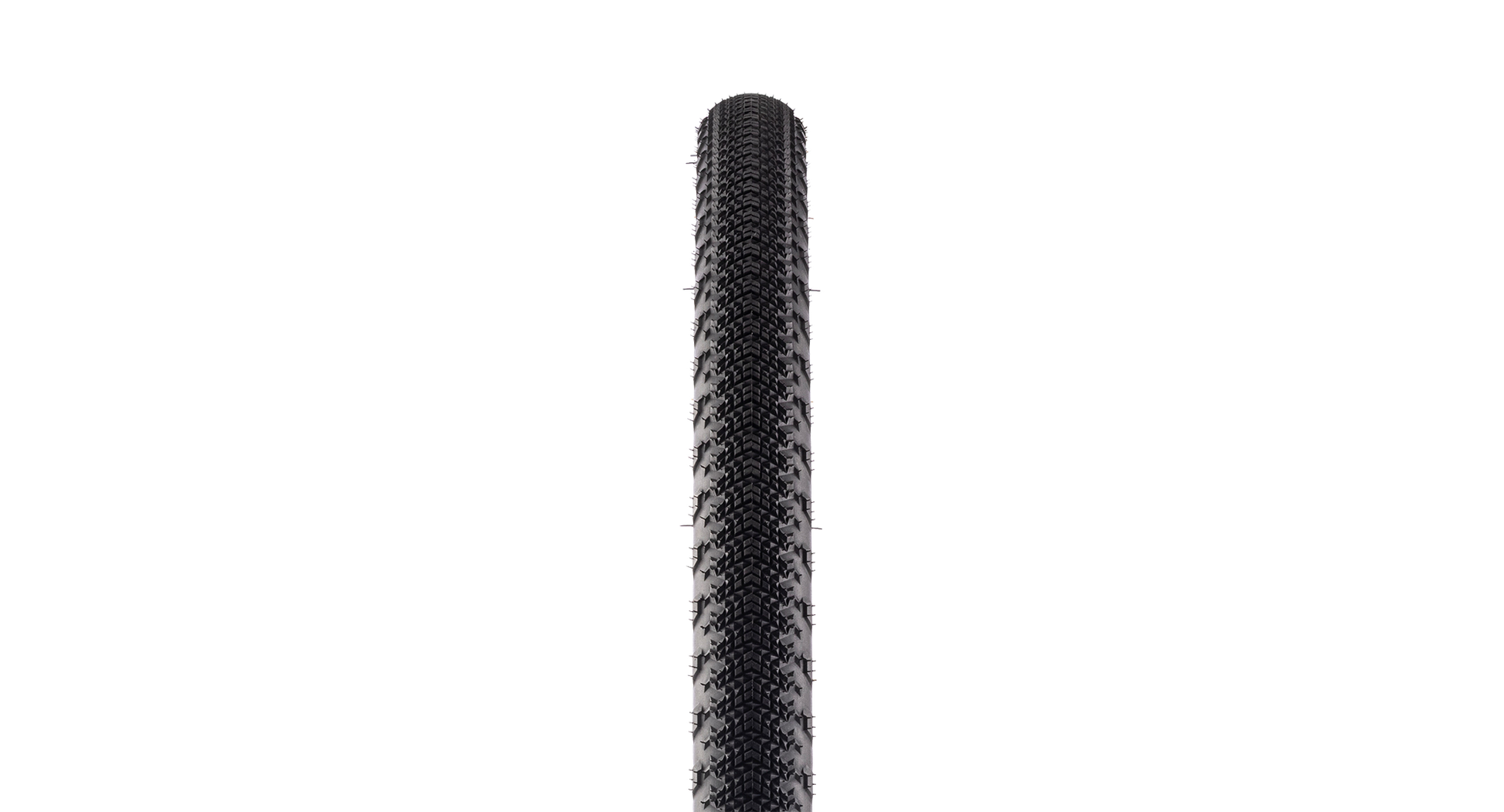 A close-up vertical view of a black bicycle tire tread against a solid white background.