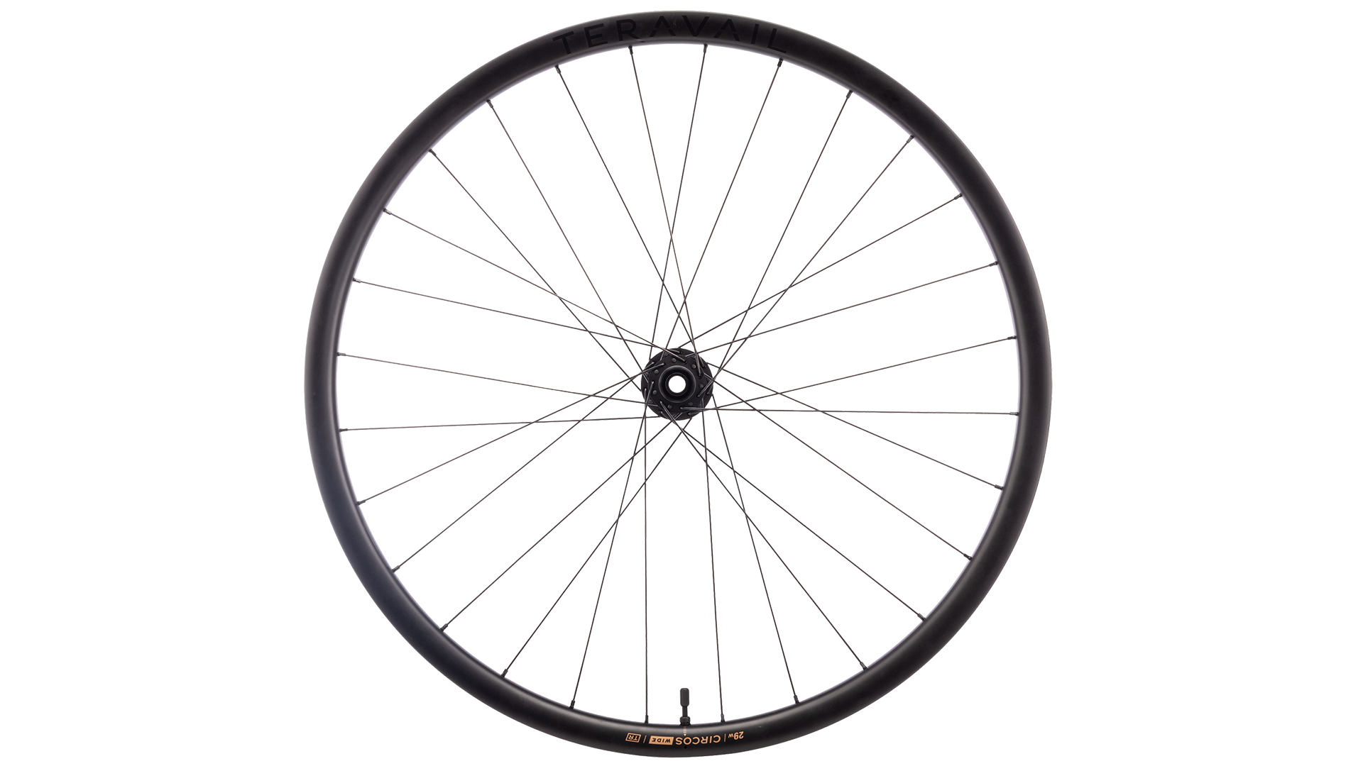 A black bicycle wheel with thin silver spokes, shown against a solid white background.