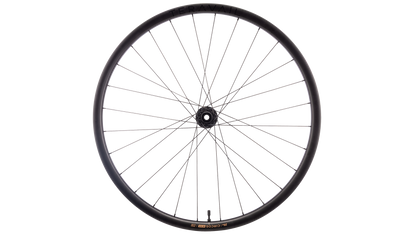 A black bicycle wheel with thin silver spokes, shown against a solid white background.