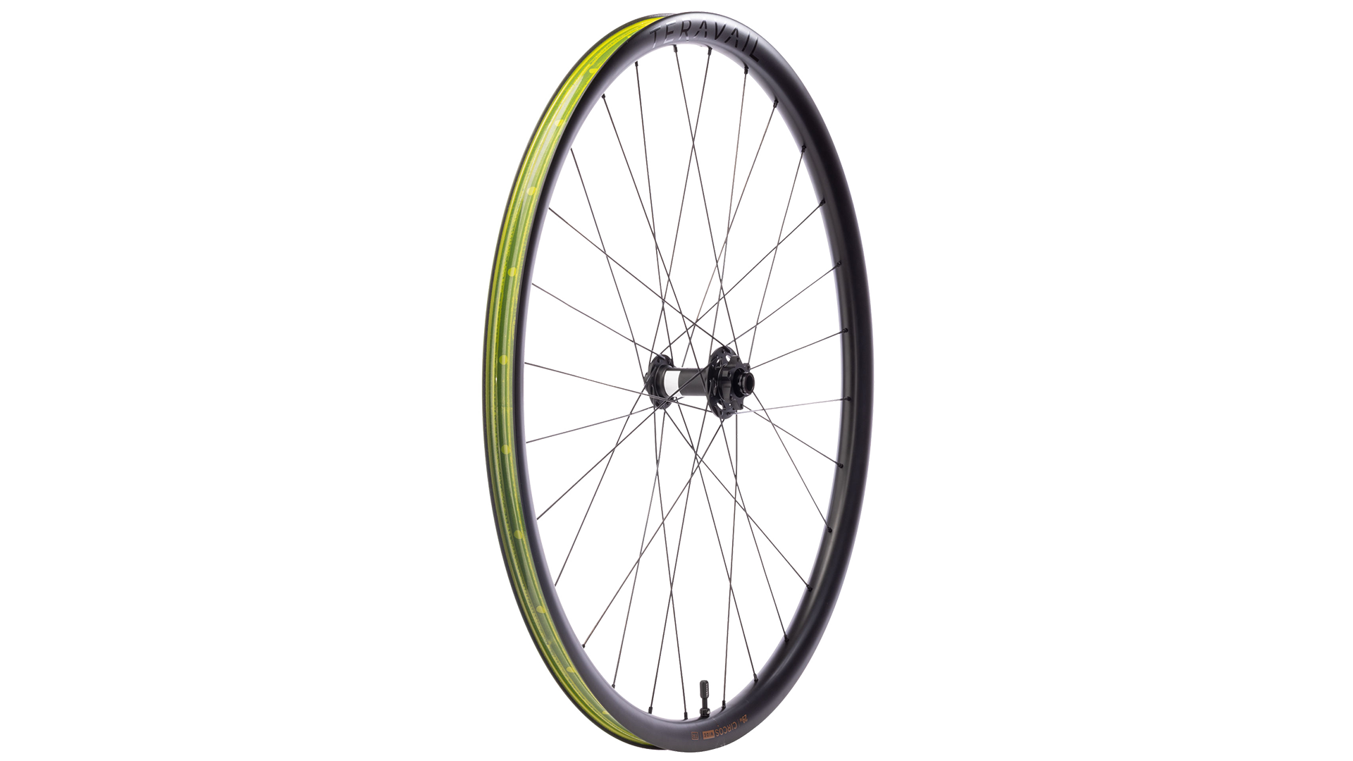 A single bicycle wheel with a black rim, black hub, and thin silver spokes, featuring a yellow-green tubeless tape strip along the outer edge, shown against a plain white background.