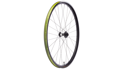 A single bicycle wheel with a black rim, black hub, and thin silver spokes, featuring a yellow-green tubeless tape strip along the outer edge, shown against a plain white background.