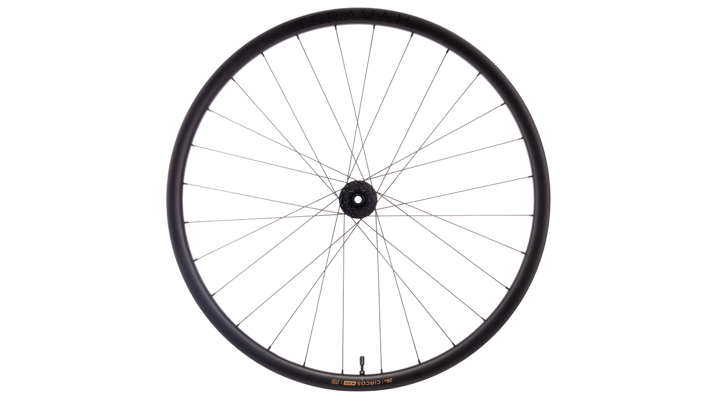 A black bicycle wheel rim with thin silver spokes and a black hub, shown against a plain white background.