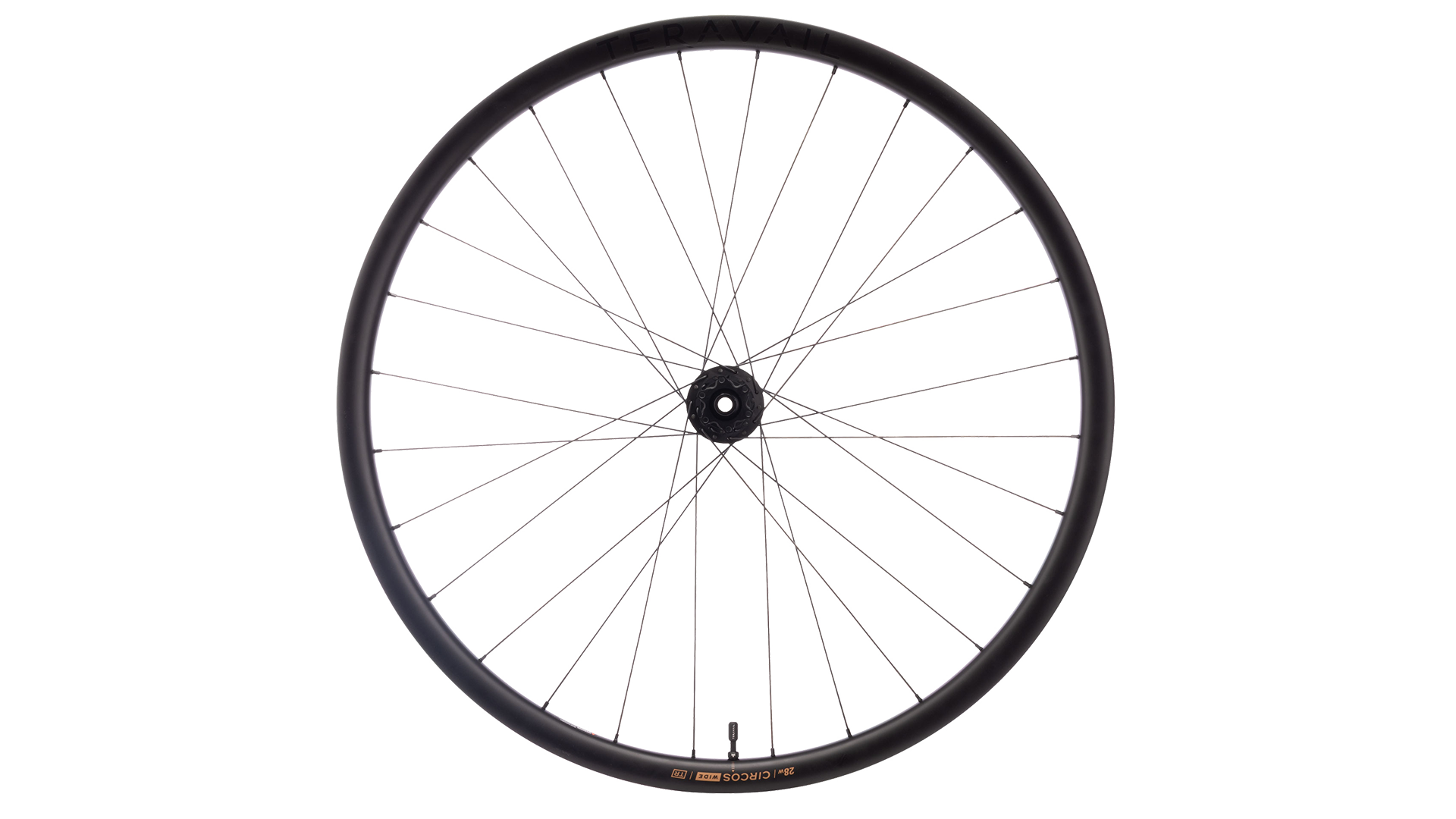 A black bicycle wheel rim with thin silver spokes and a black hub, shown against a plain white background.