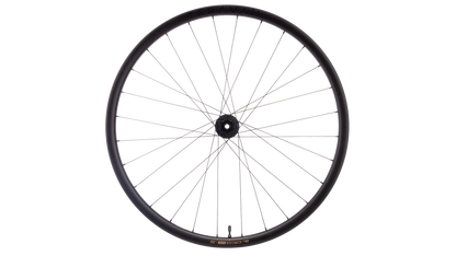 A black bicycle wheel rim with thin silver spokes and a black hub, shown against a plain white background.