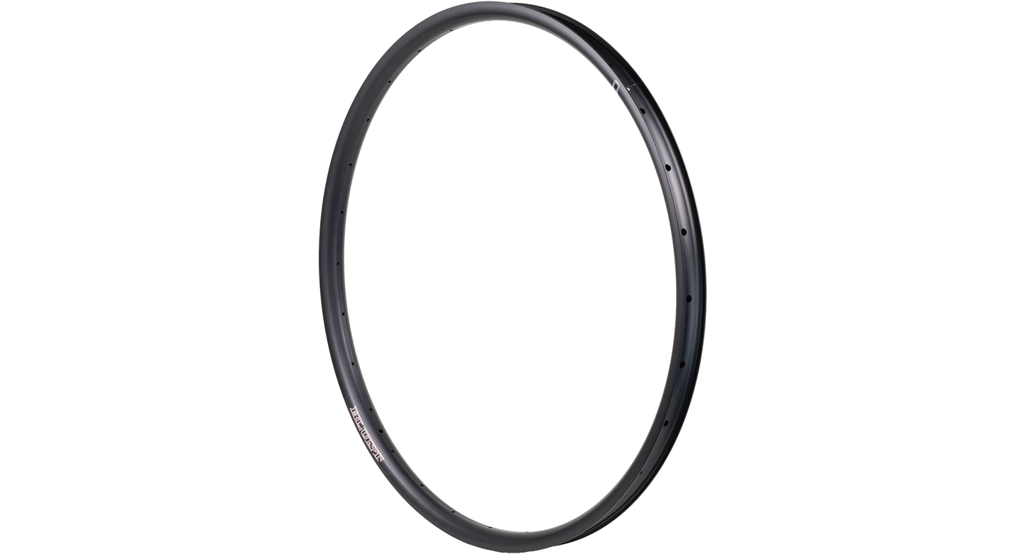 A black bicycle wheel rim shown upright against a plain white background.
